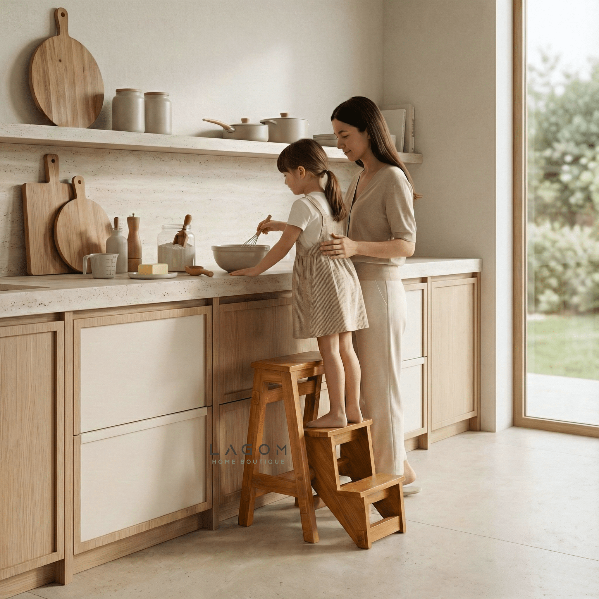 Teak Wood Convertible Step Stool & Bar Stool - Step Stool - Lagom Home Boutique