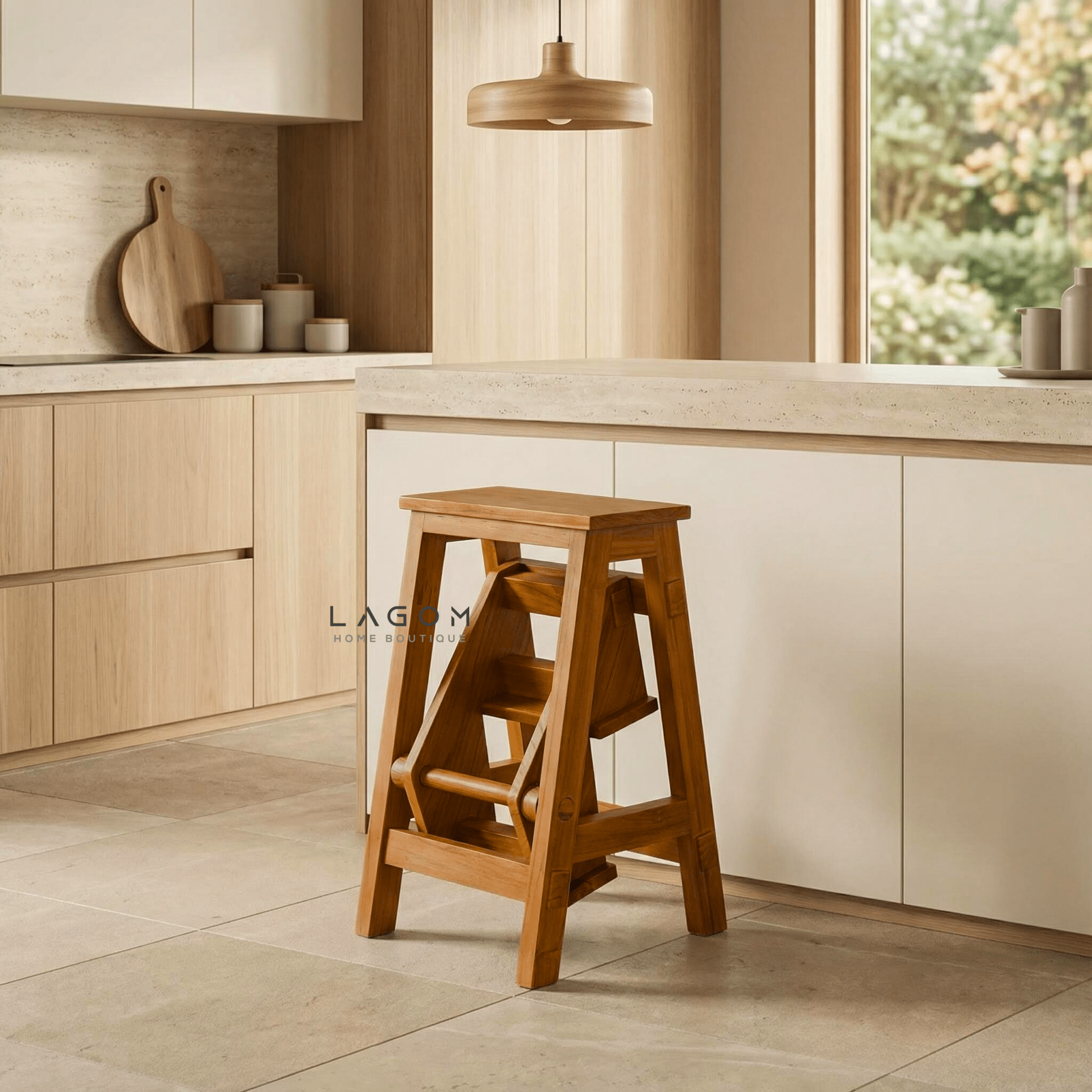 Teak Wood Convertible Step Stool & Bar Stool - Step Stool - Lagom Home Boutique