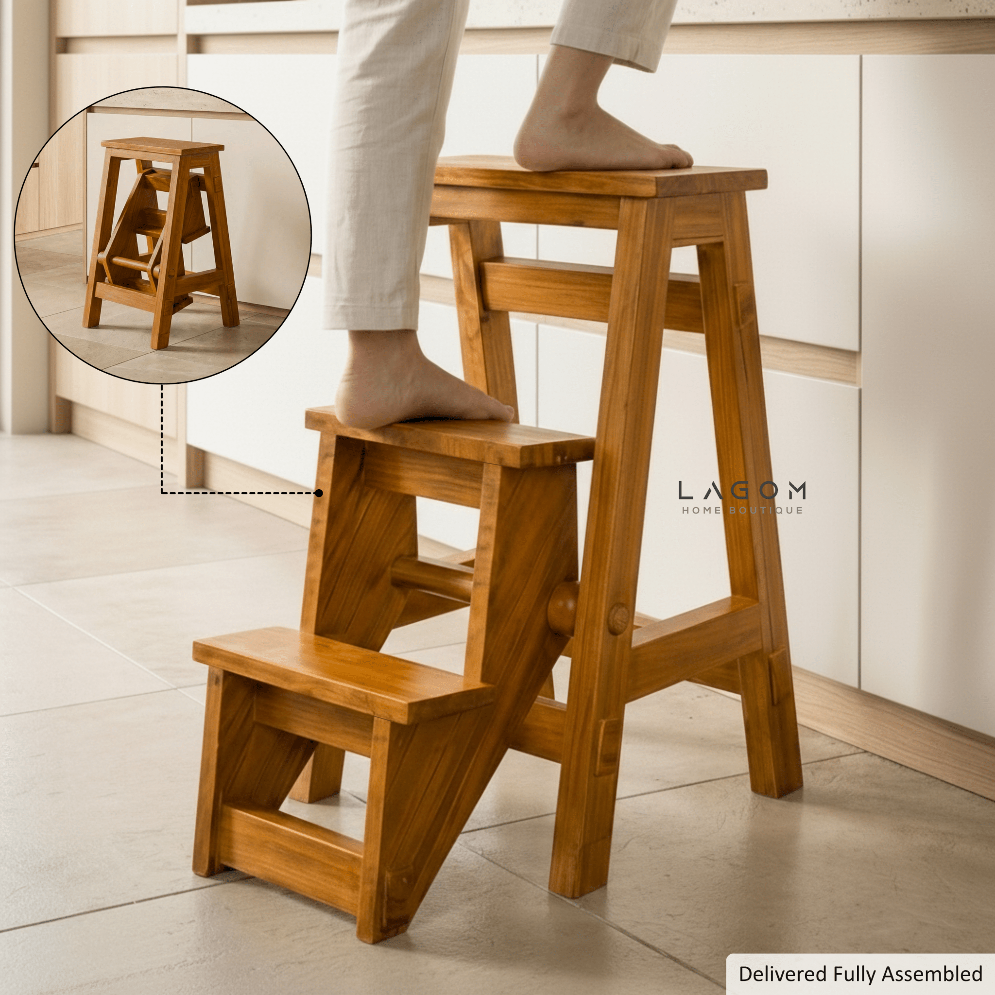 Teak Wood Convertible Step Stool & Bar Stool-Step Stool-Lagom Home Boutique