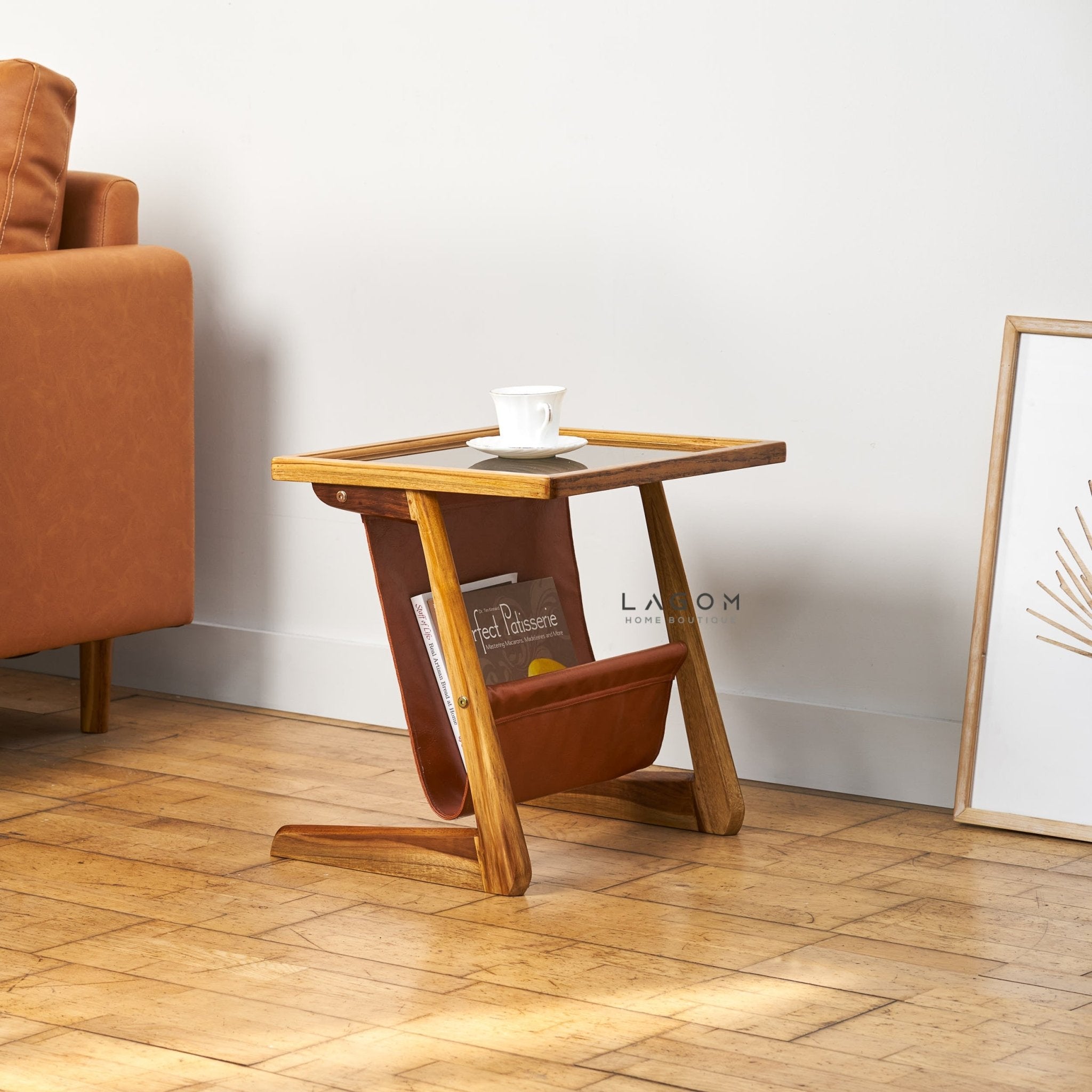 Teak Wood & Faux Leather Side Table - Side Table - Lagom Home Boutique