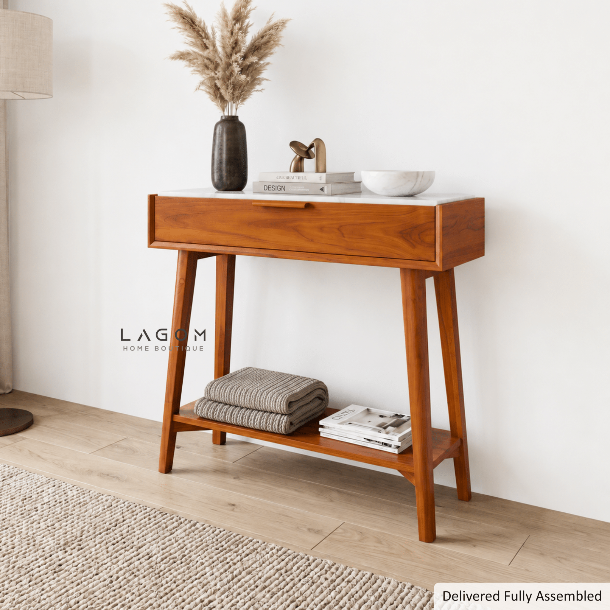 Teak Wood & Marble Console Table-Console Table-Lagom Home Boutique