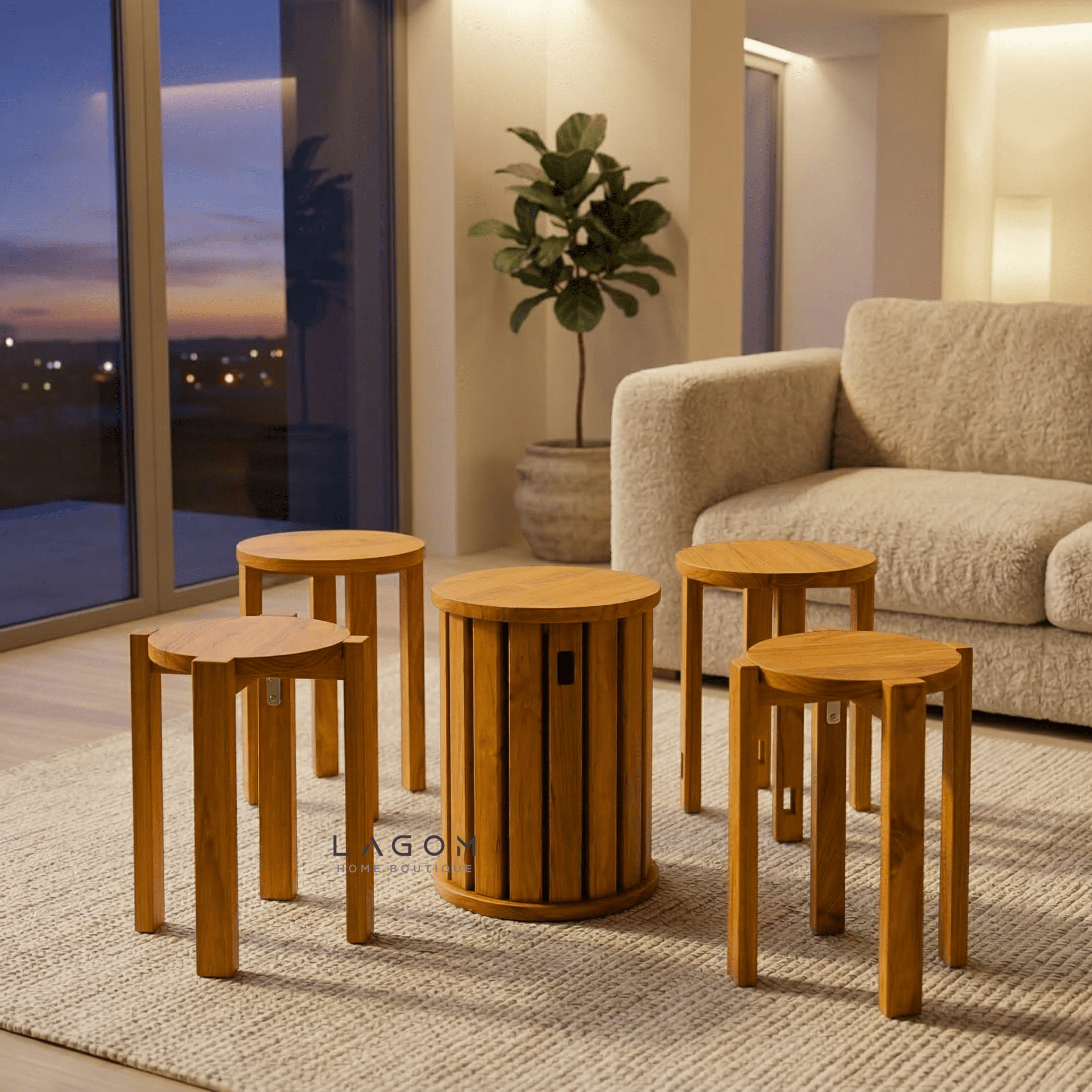 Teak Wood Stackable Stools - Set of 4 - Stool - Lagom Home Boutique