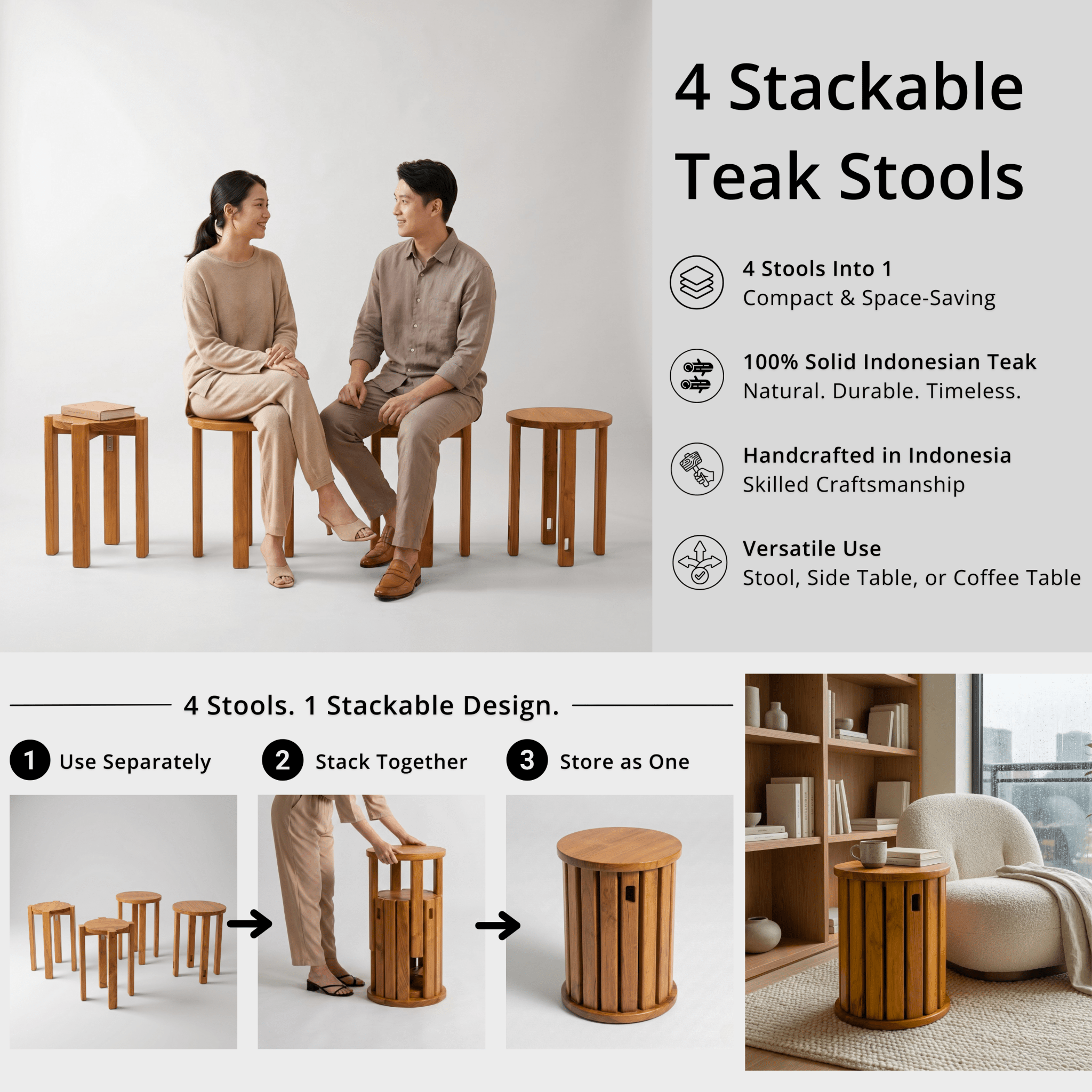 Teak Wood Stackable Stools - Set of 4 - Stool - Lagom Home Boutique