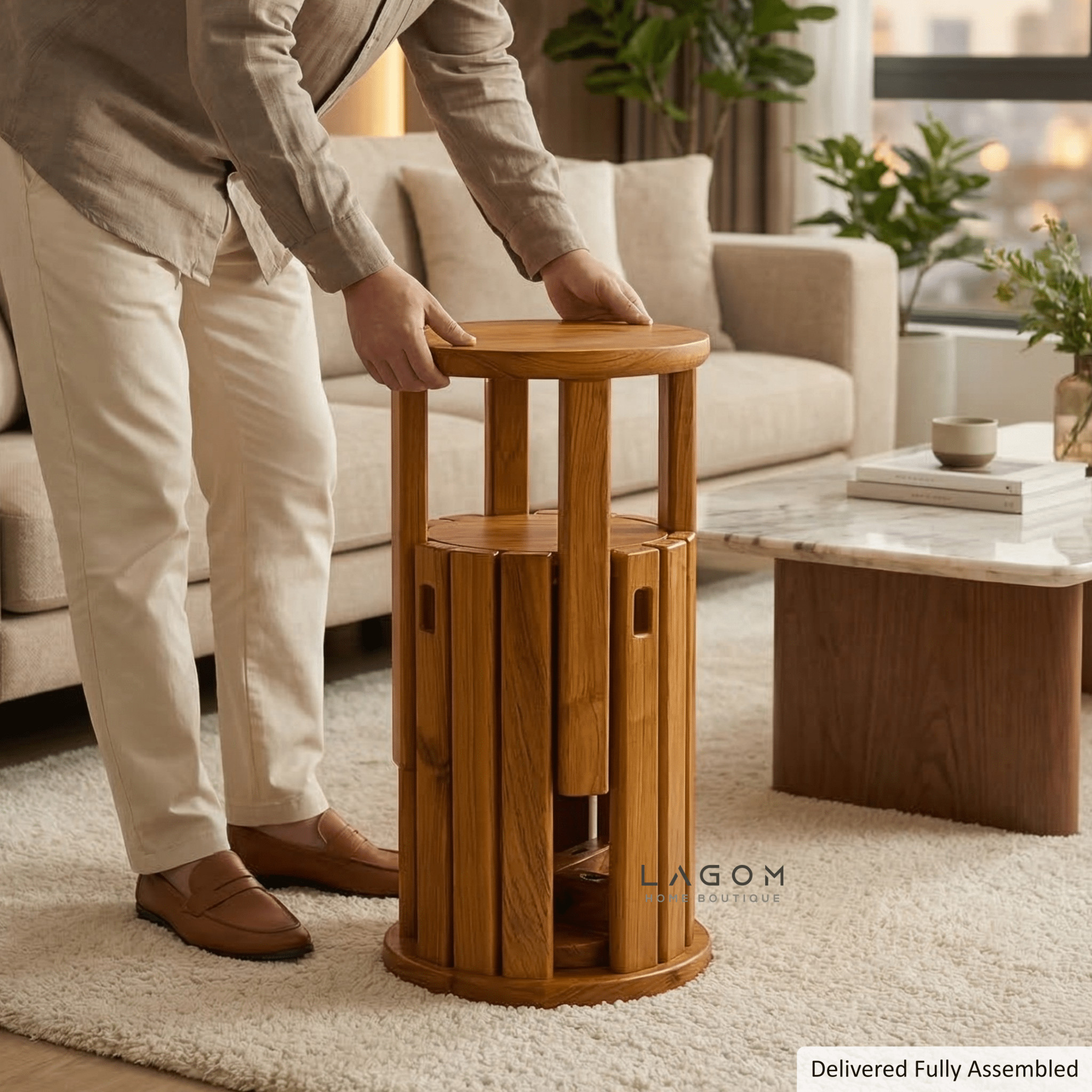 Teak Wood Stackable Stools - Set of 4 - Stool - Lagom Home Boutique