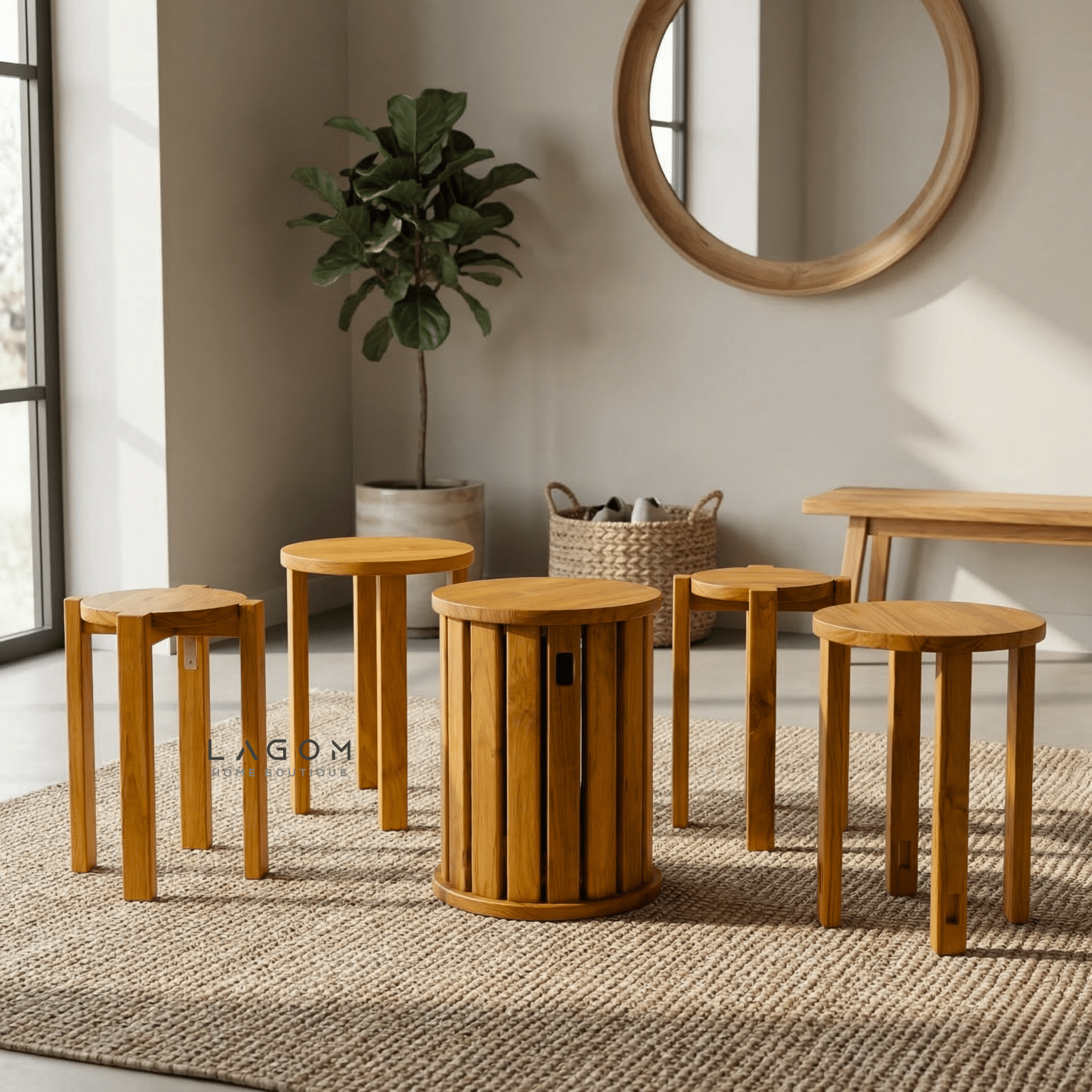 Teak Wood Stackable Stools - Set of 4 - Stool - Lagom Home Boutique