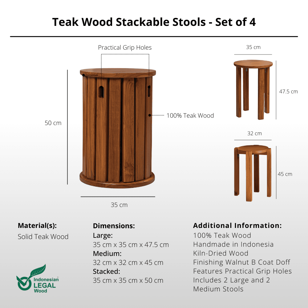 Teak Wood Stackable Stools - Set of 4 - Stool - Lagom Home Boutique