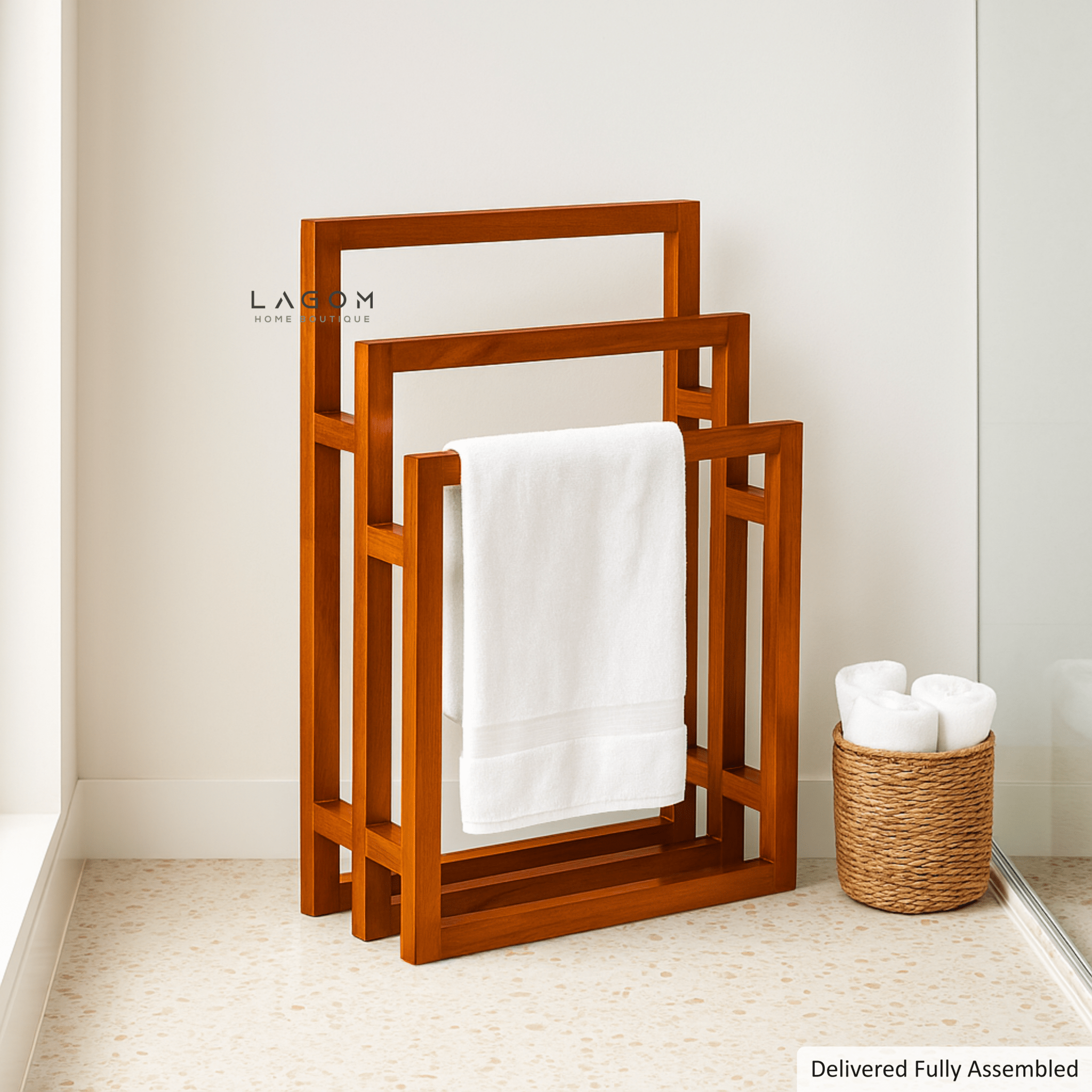 Teak Wood Towel / Carpet Holder – 3 - Tier Standing Rack - Towel Rack - Lagom Home Boutique