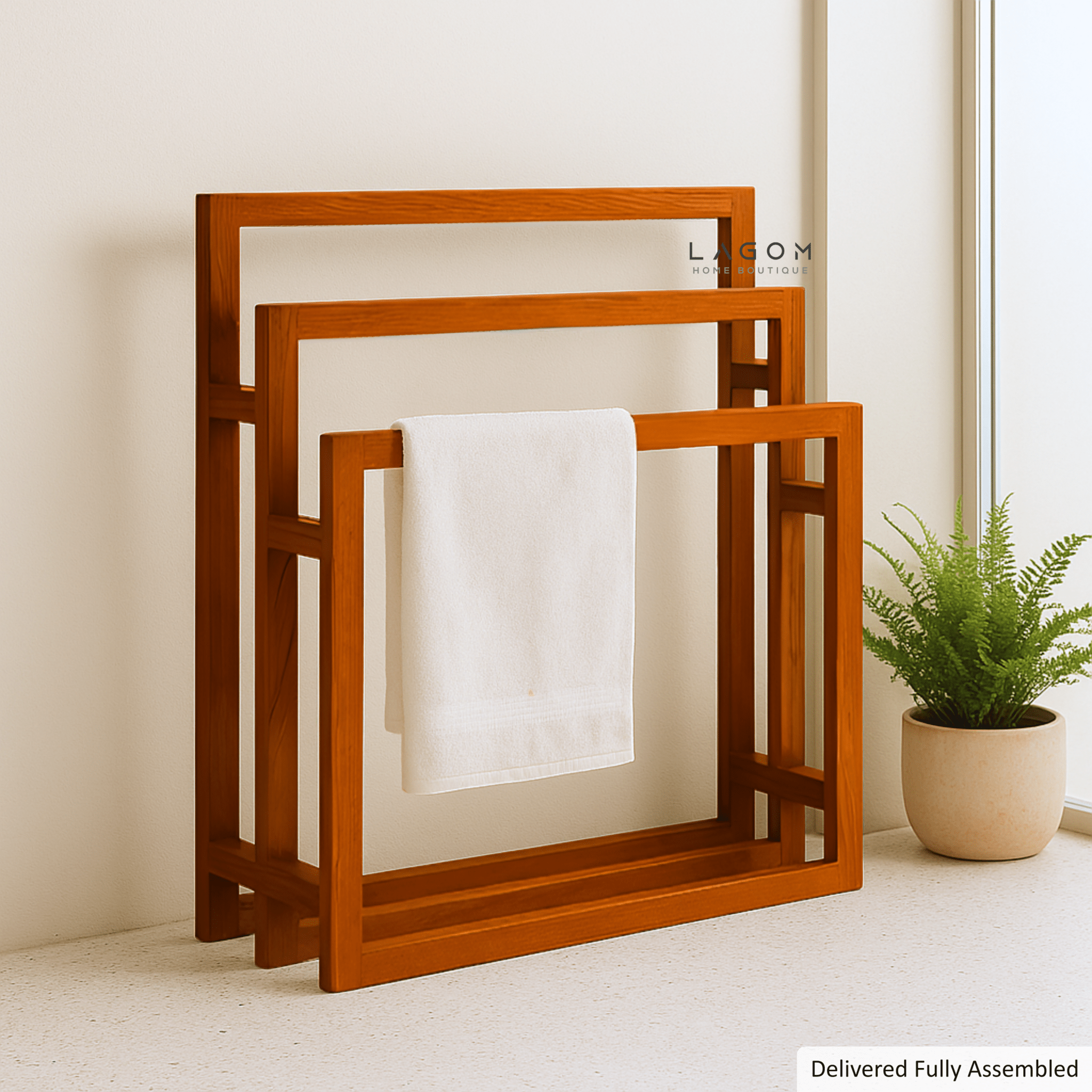 Teak Wood Towel / Carpet Holder – 3-Tier Standing Rack-Towel Rack-Lagom Home Boutique