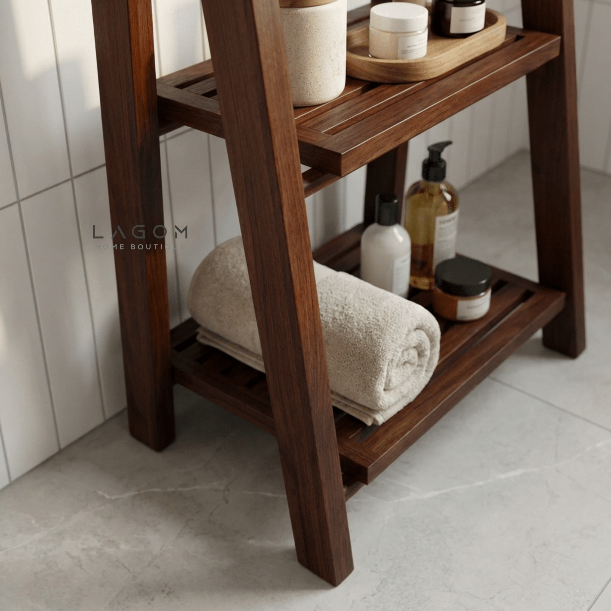 Teak Wood Towel / Fabric Ladder with Shelves - Towel Rack - Lagom Home Boutique