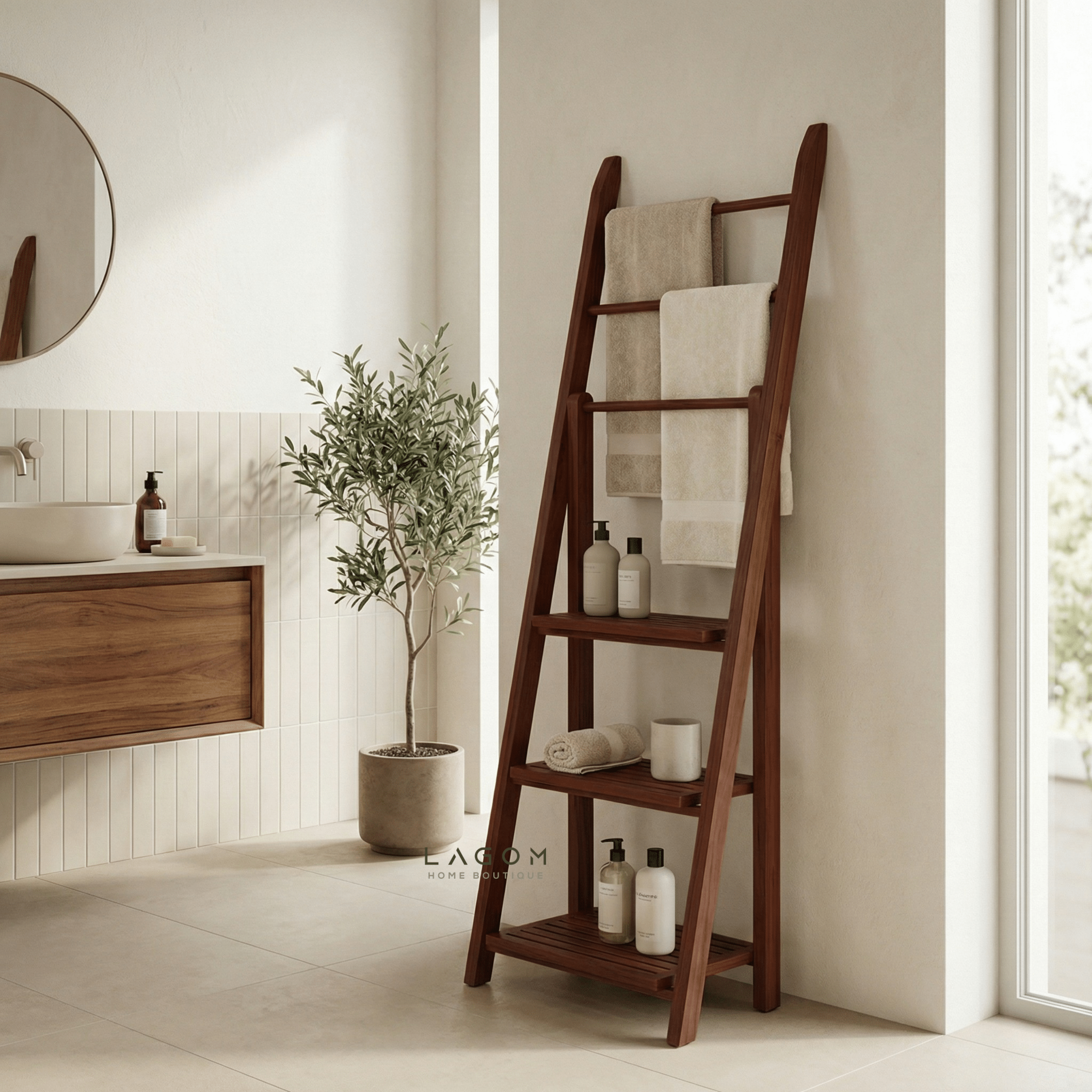 Teak Wood Towel / Fabric Ladder with Shelves - Towel Rack - Lagom Home Boutique