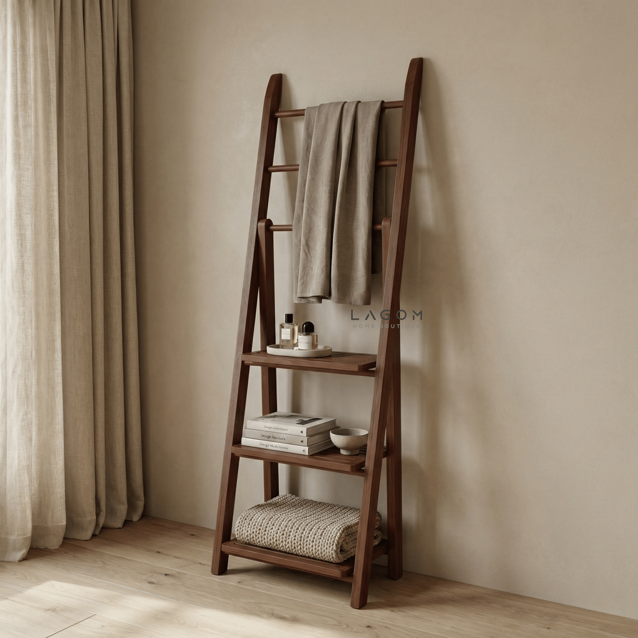 Teak Wood Towel / Fabric Ladder with Shelves - Towel Rack - Lagom Home Boutique