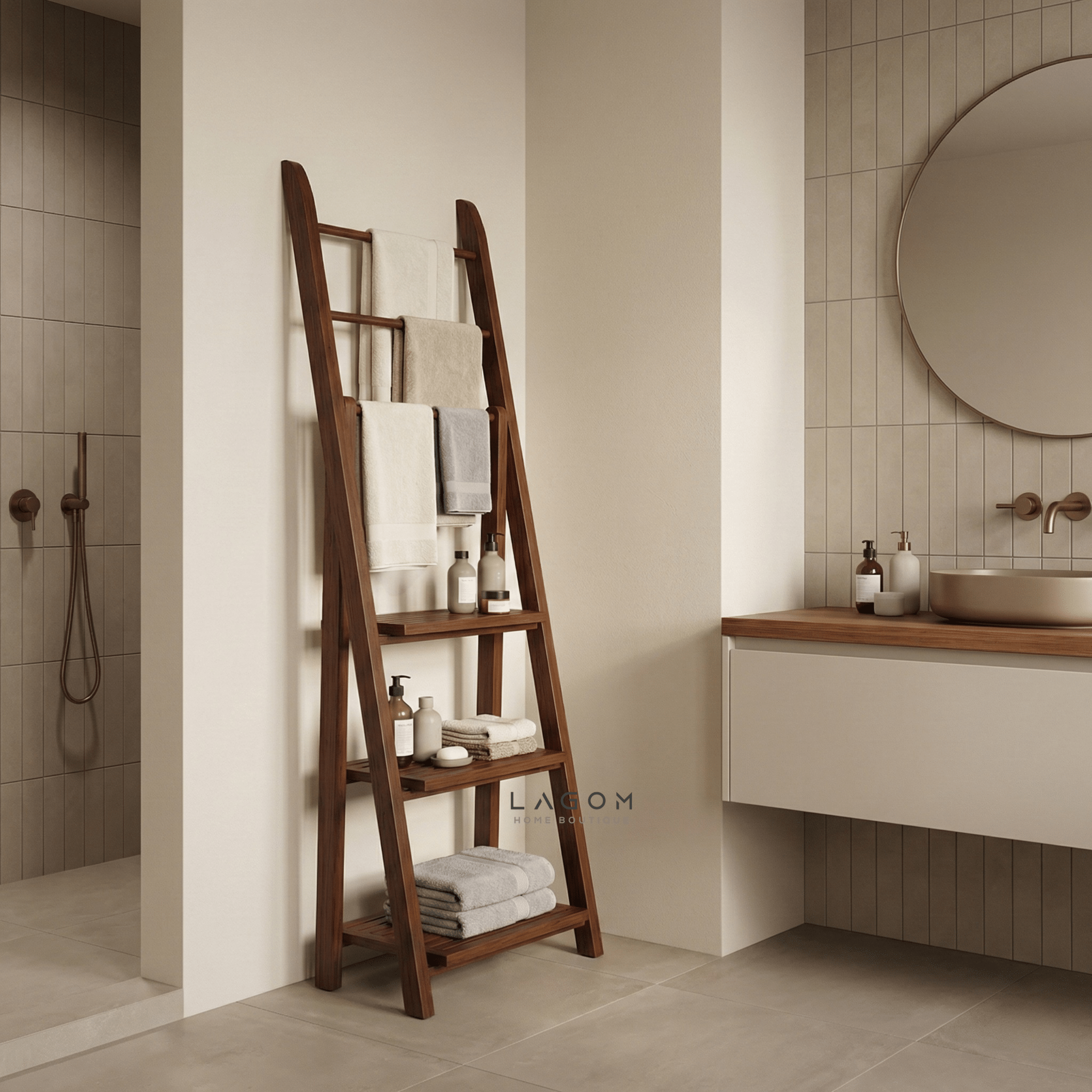Teak Wood Towel / Fabric Ladder with Shelves - Towel Rack - Lagom Home Boutique