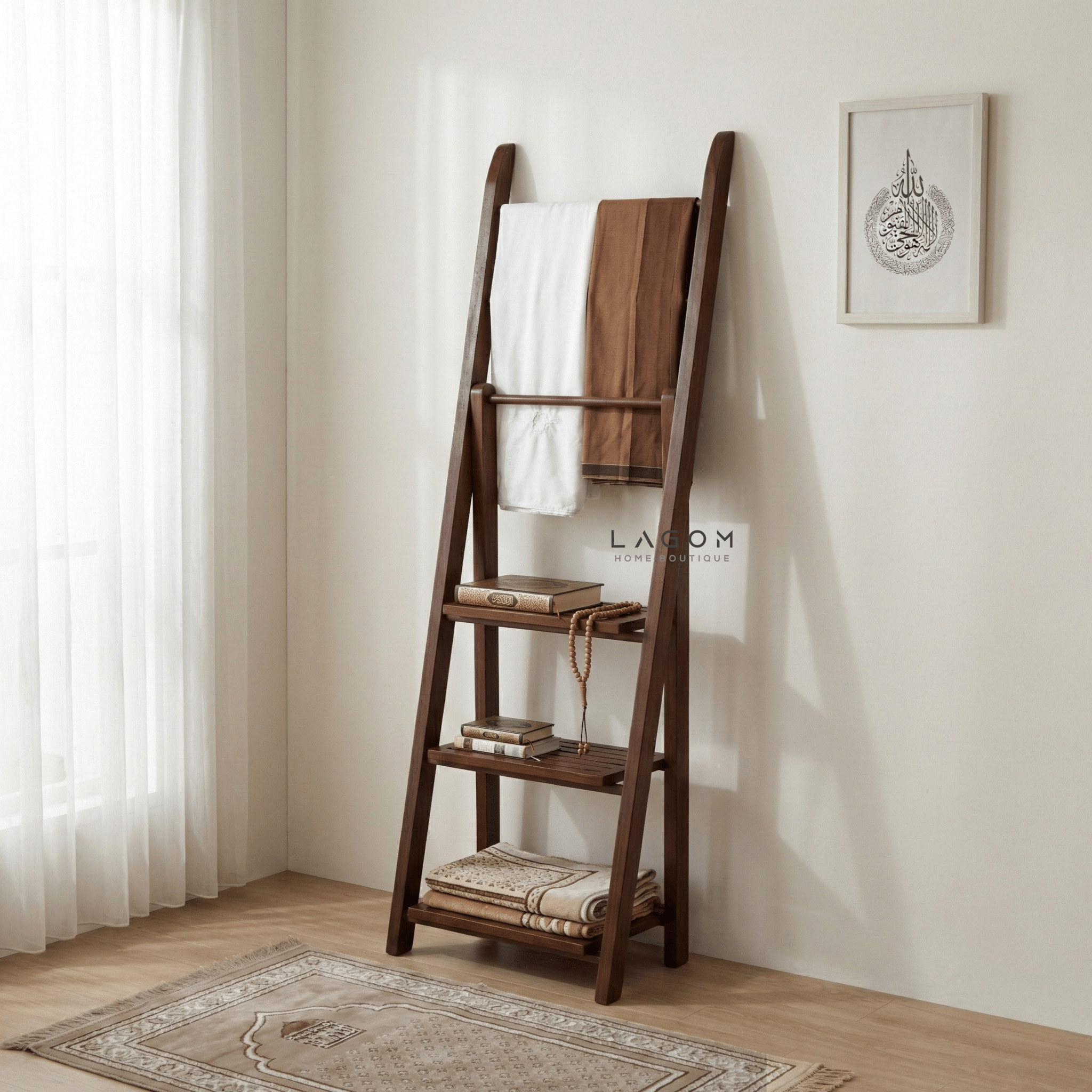 Teak Wood Towel / Fabric Ladder with Shelves - Towel Rack - Lagom Home Boutique