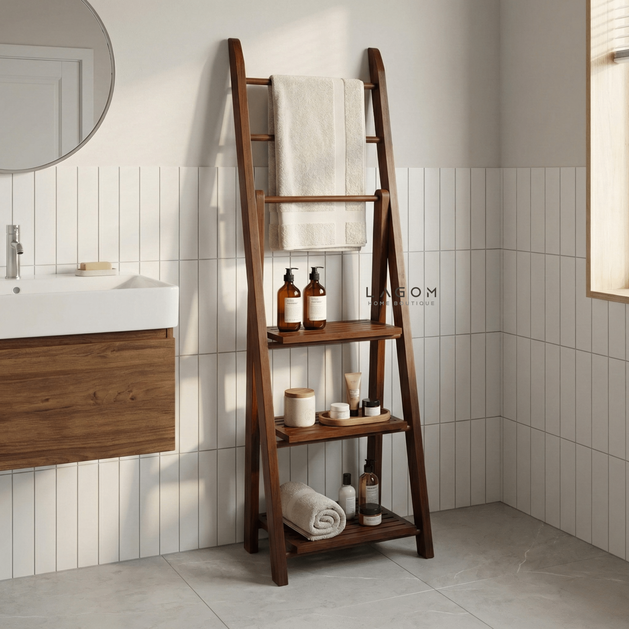 Teak Wood Towel / Fabric Ladder with Shelves - Towel Rack - Lagom Home Boutique