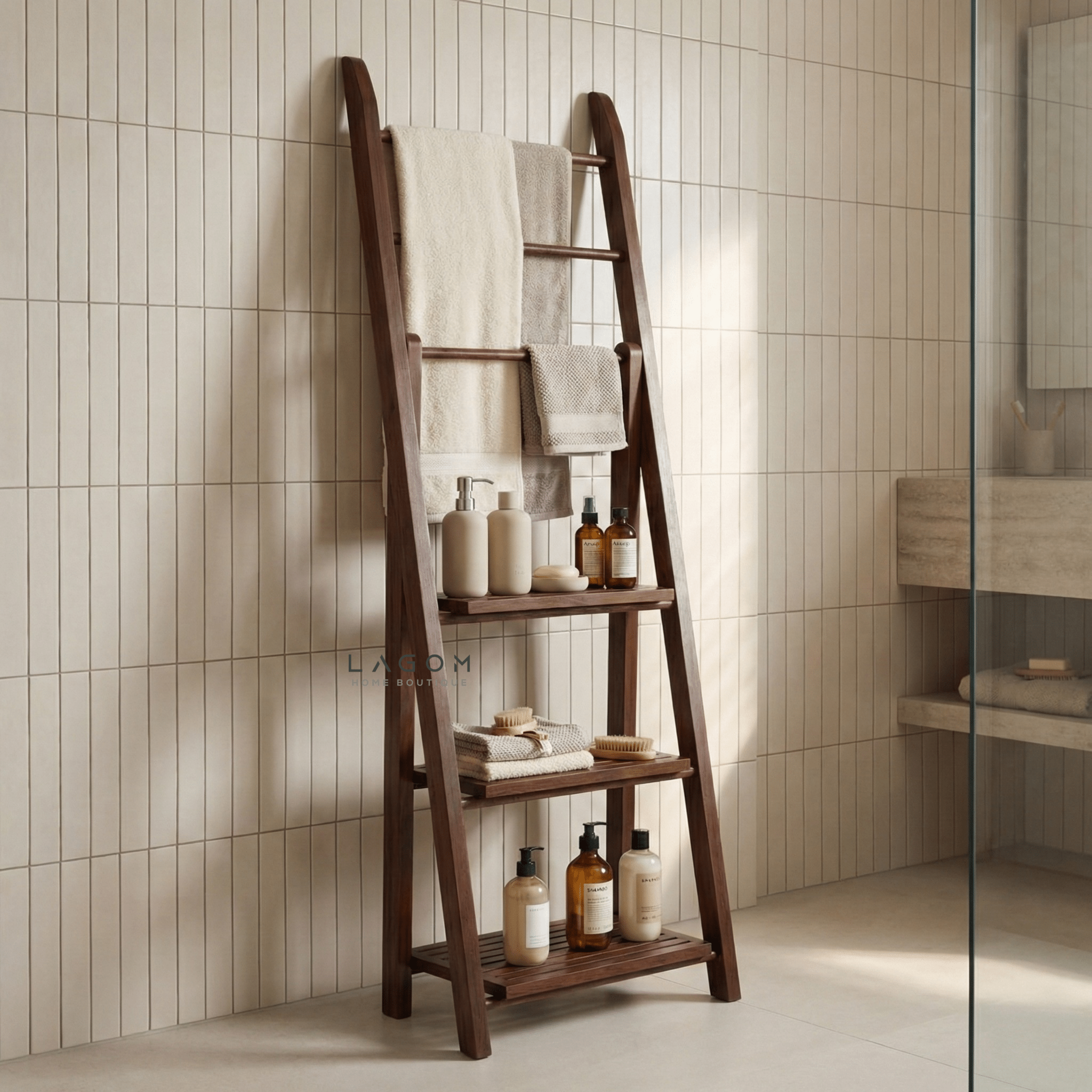 Teak Wood Towel / Fabric Ladder with Shelves - Towel Rack - Lagom Home Boutique