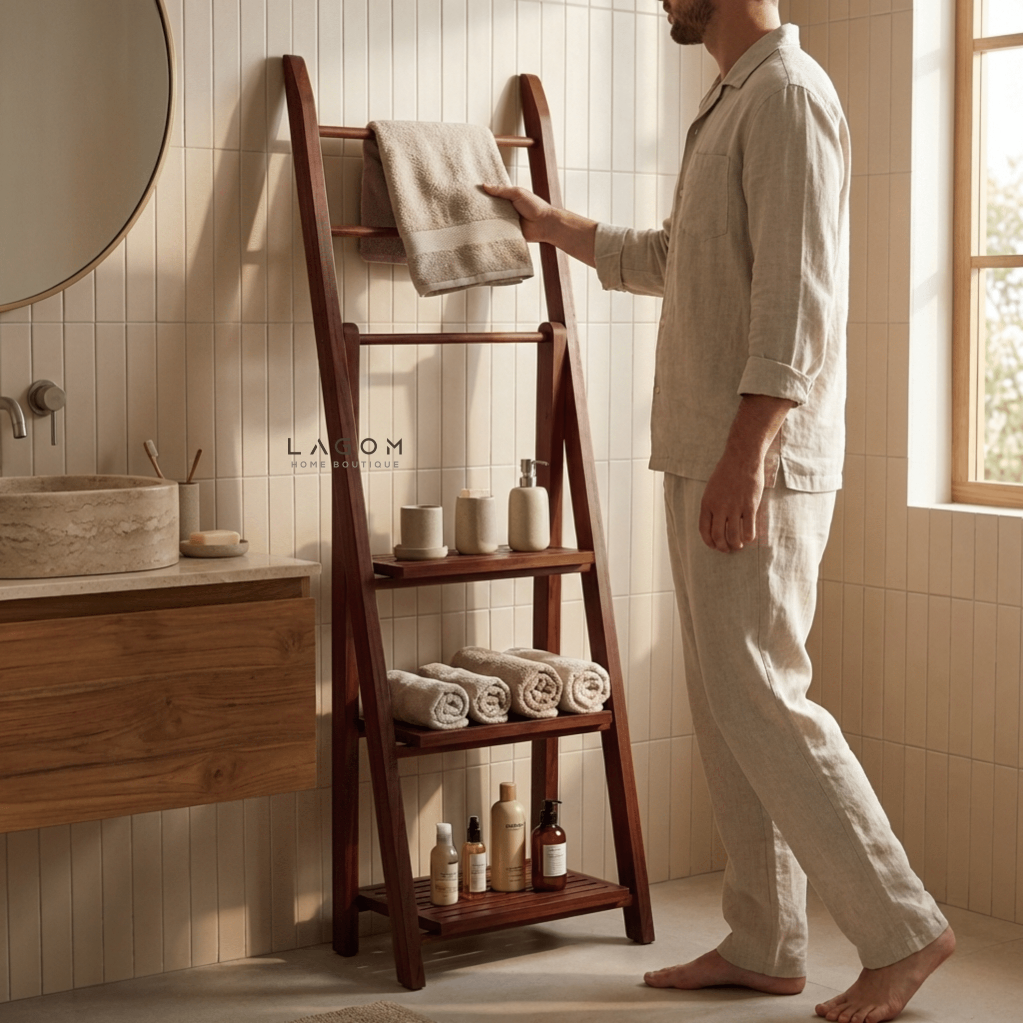 Teak Wood Towel / Fabric Ladder with Shelves - Towel Rack - Lagom Home Boutique