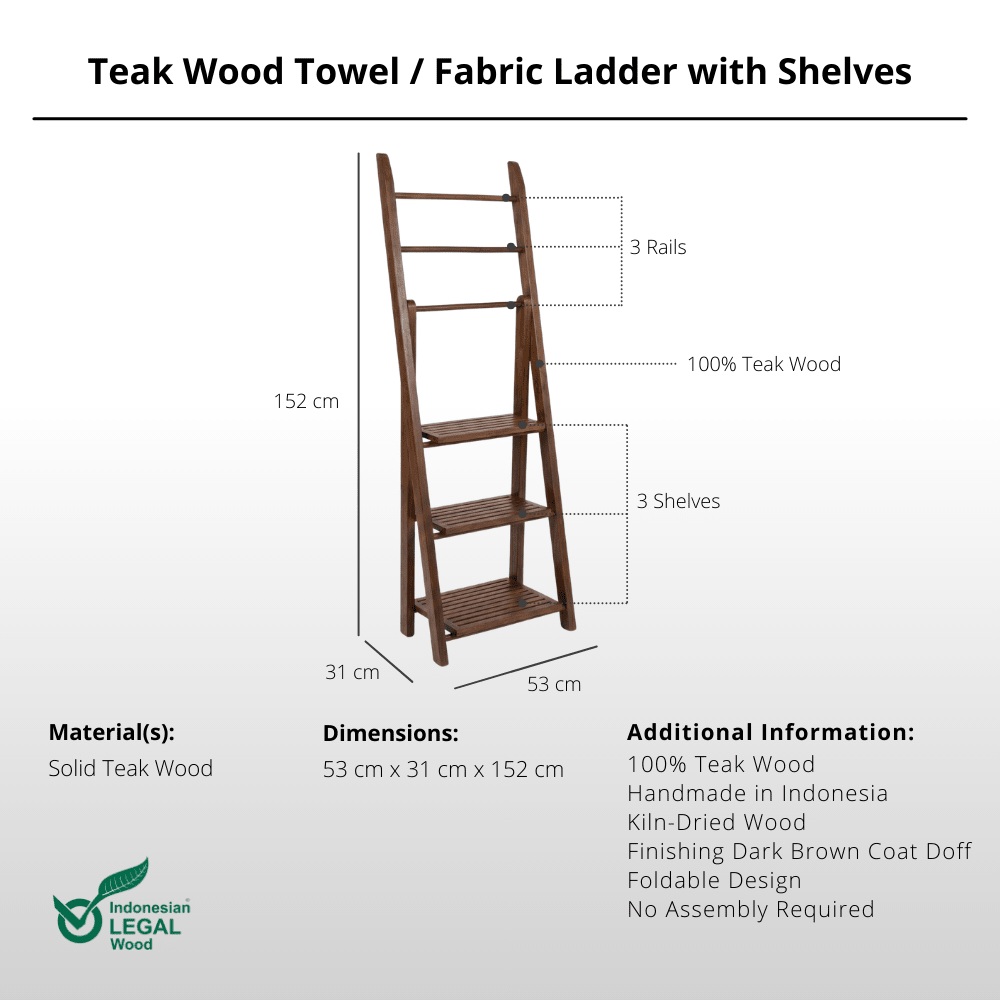 Teak Wood Towel / Fabric Ladder with Shelves - Towel Rack - Lagom Home Boutique