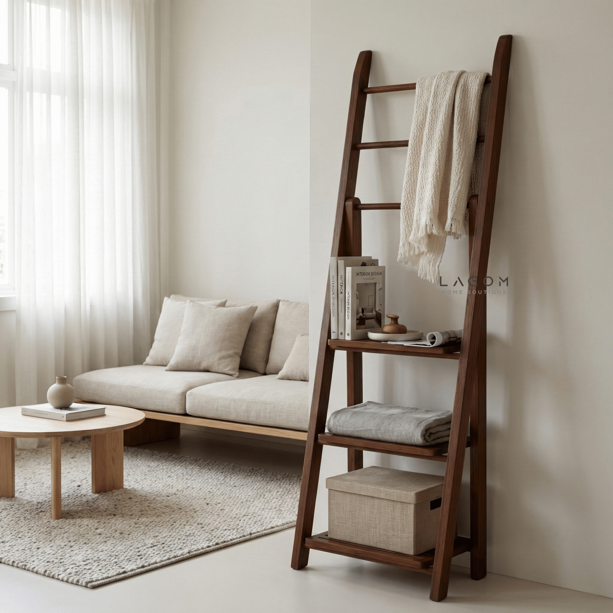Teak Wood Towel / Fabric Ladder with Shelves - Towel Rack - Lagom Home Boutique