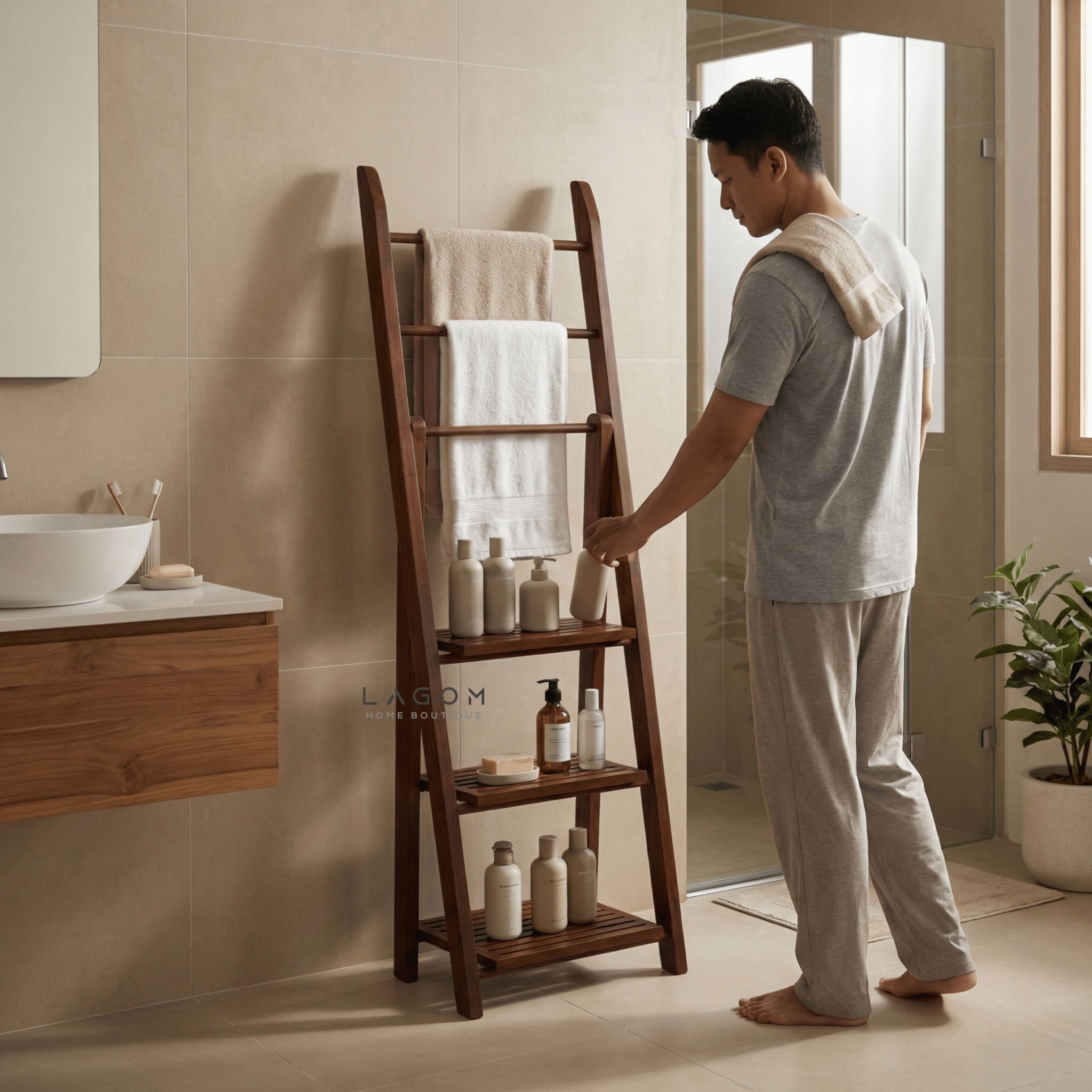 Teak Wood Towel / Fabric Ladder with Shelves - Towel Rack - Lagom Home Boutique