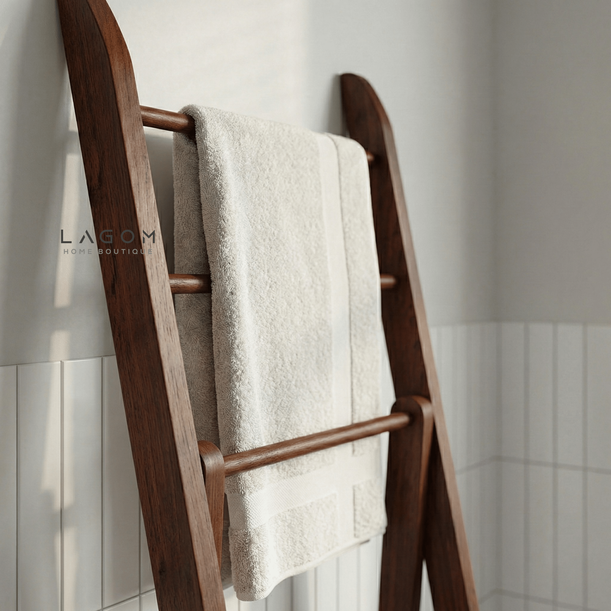 Teak Wood Towel / Fabric Ladder with Shelves - Towel Rack - Lagom Home Boutique