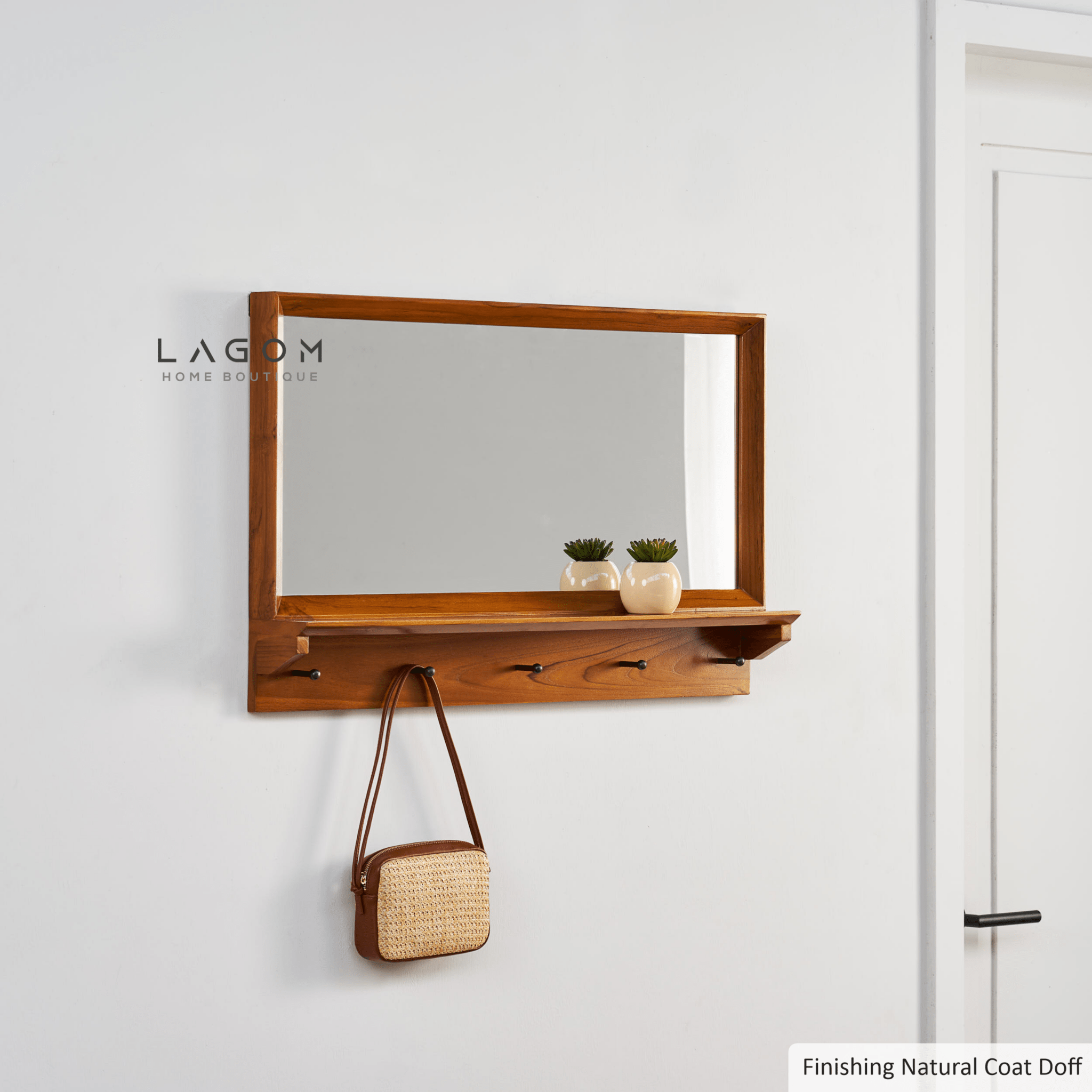 Teak Wood Wall Hanger with Mirror & Shelf - Wall Coat Hanger - Lagom Home Boutique