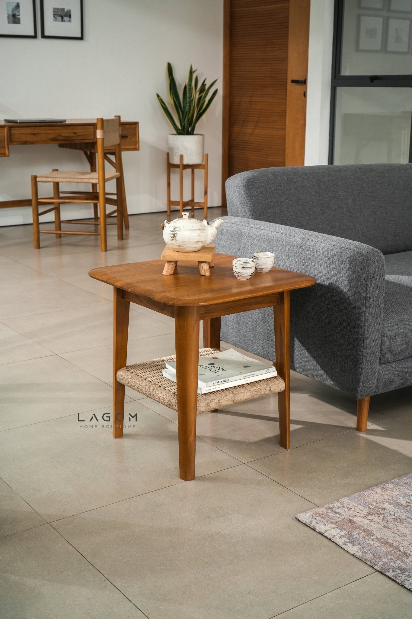 Timeless Side Table in Teak Wood & Premium Loom - Side Table - Lagom Home Boutique