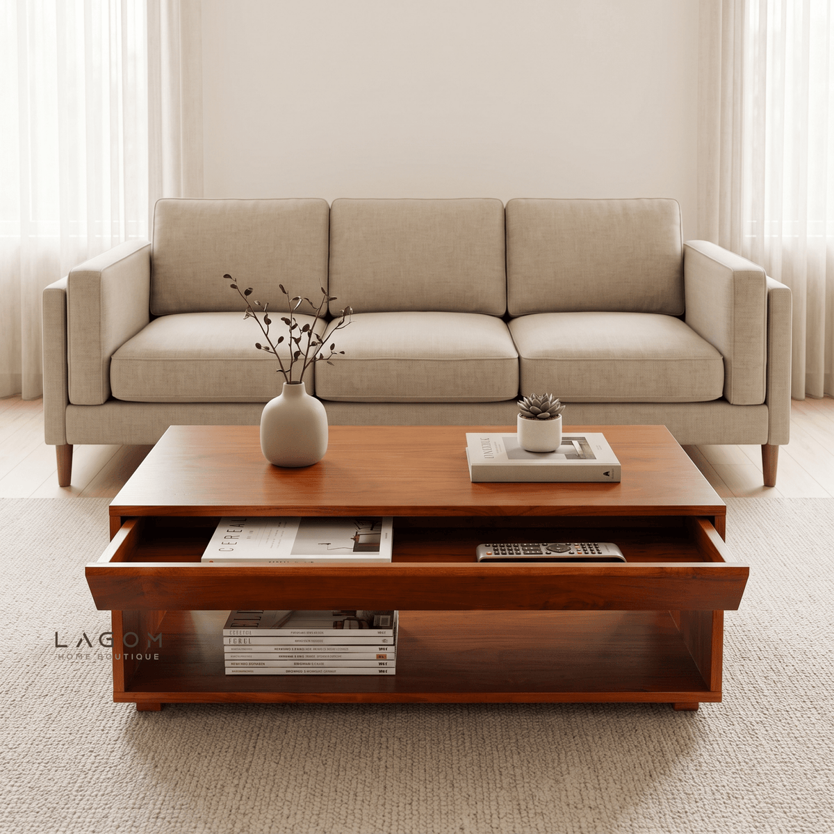 Timeless Teak Coffee Table with Seamless Storage-Coffee Table-Lagom Home Boutique