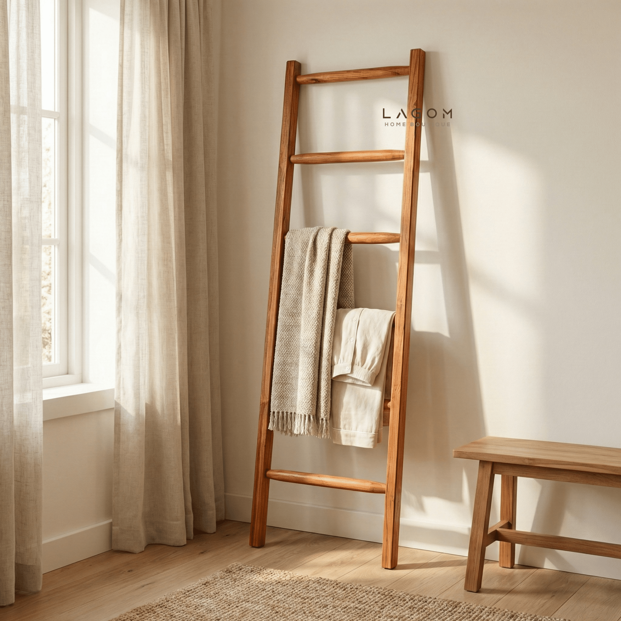 Towel / Blanket Ladder in Solid Teak - Towel Rack - Lagom Home Boutique