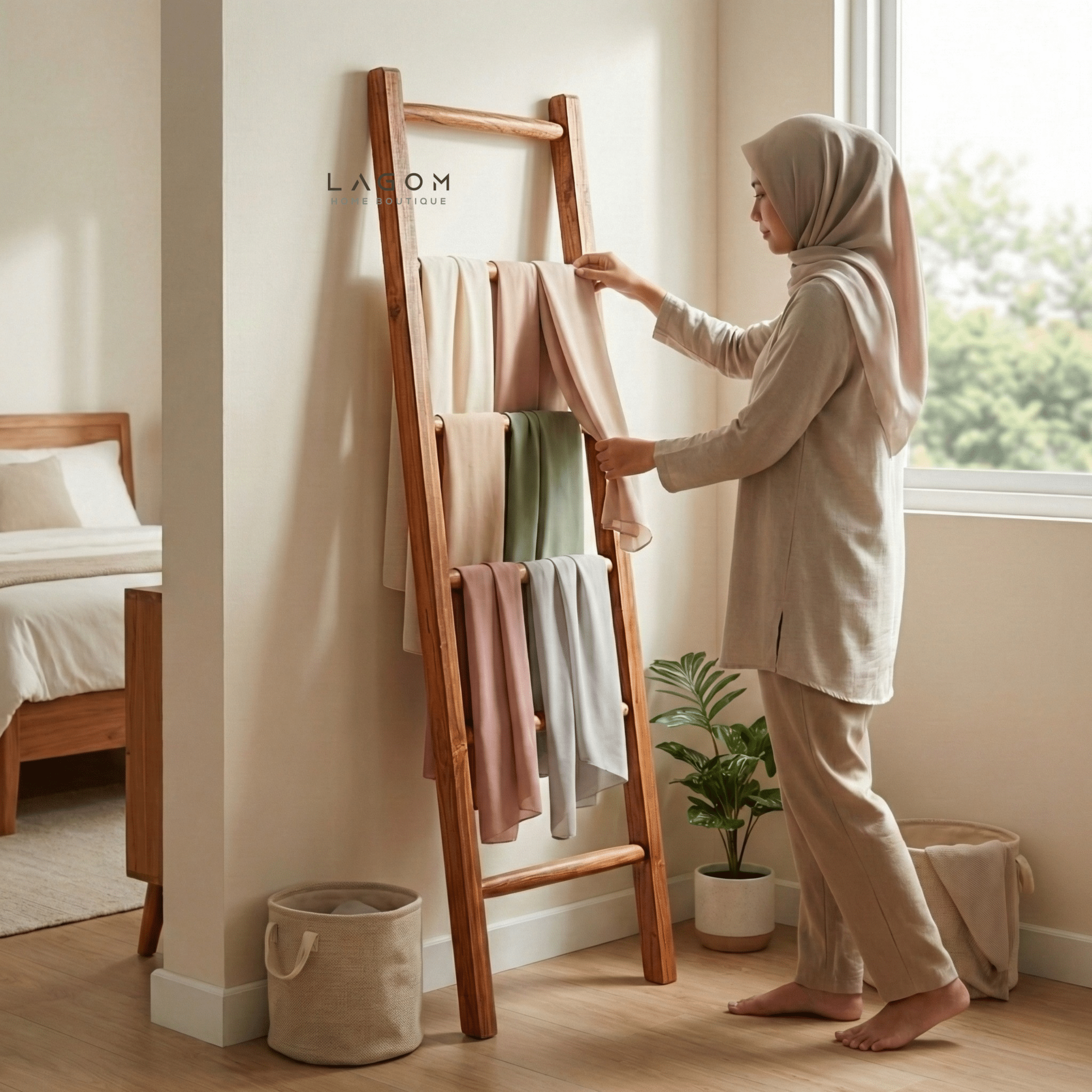 Towel / Blanket Ladder in Solid Teak - Towel Rack - Lagom Home Boutique