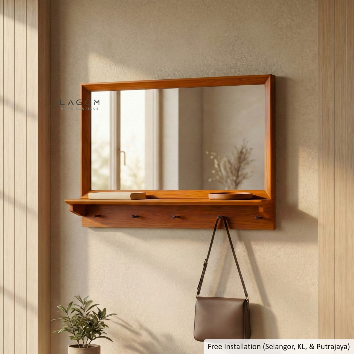 Teak Wood Wall Hanger with Mirror & Shelf